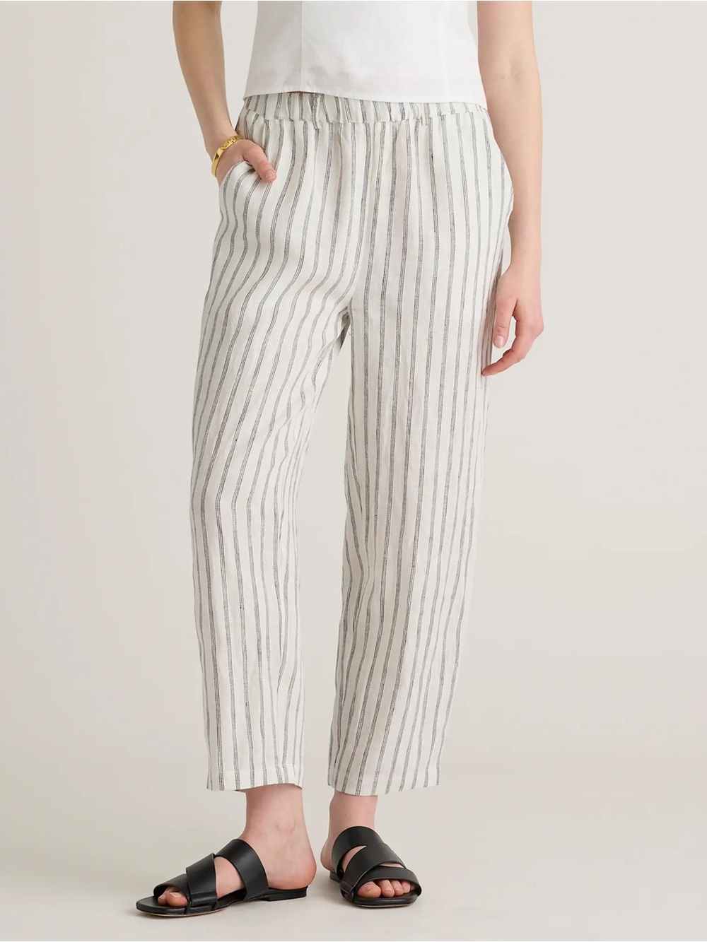 Quince 100% European Linen Pants Oatmeal Black Stripe Size Small